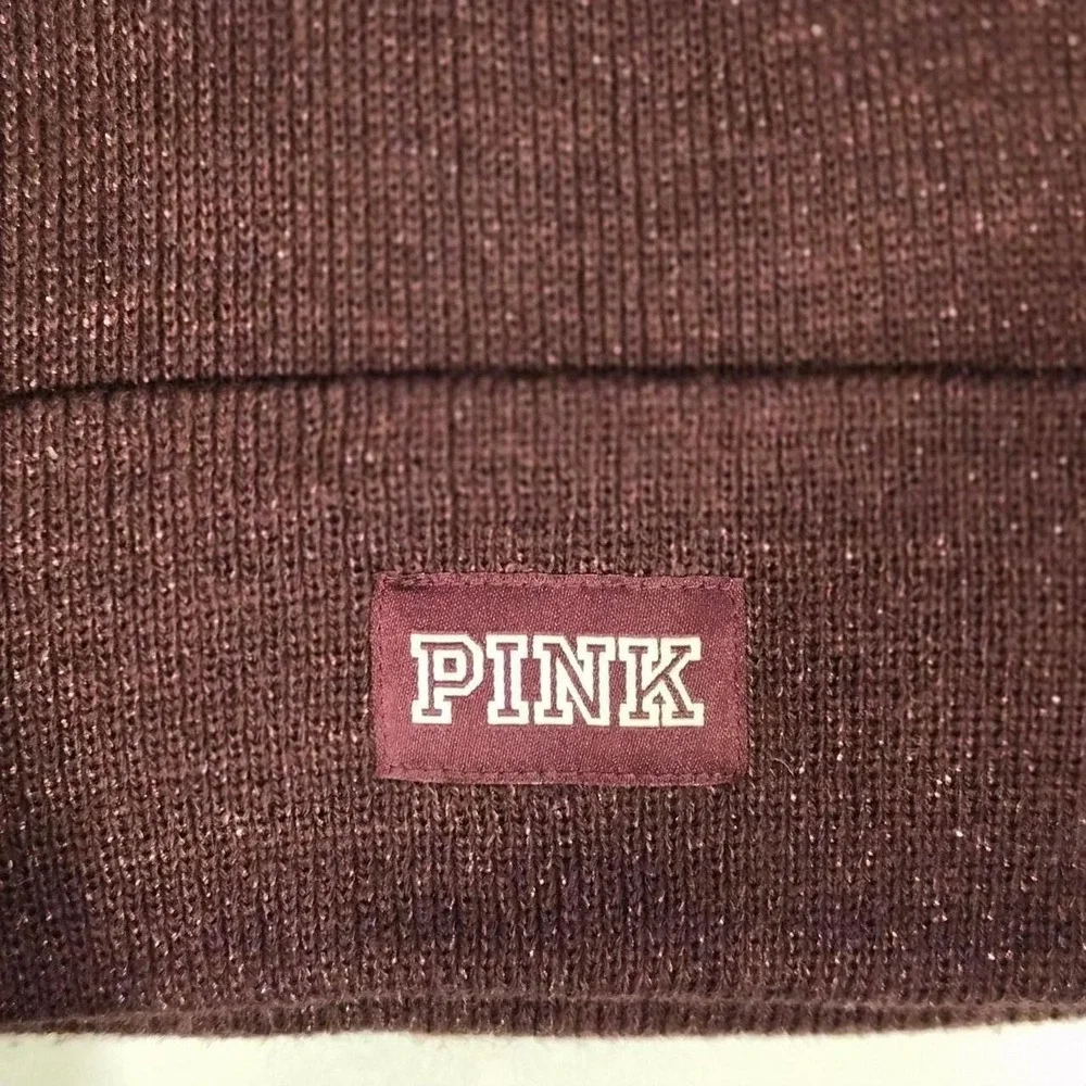 Victoria's Secret PINK Burgundy Maroon Metallic Shimmer Knit Cuffed Beanie Hat